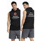 Black sleeveless hoodie with 'Game Changer Universe' text worn by a person on a white background