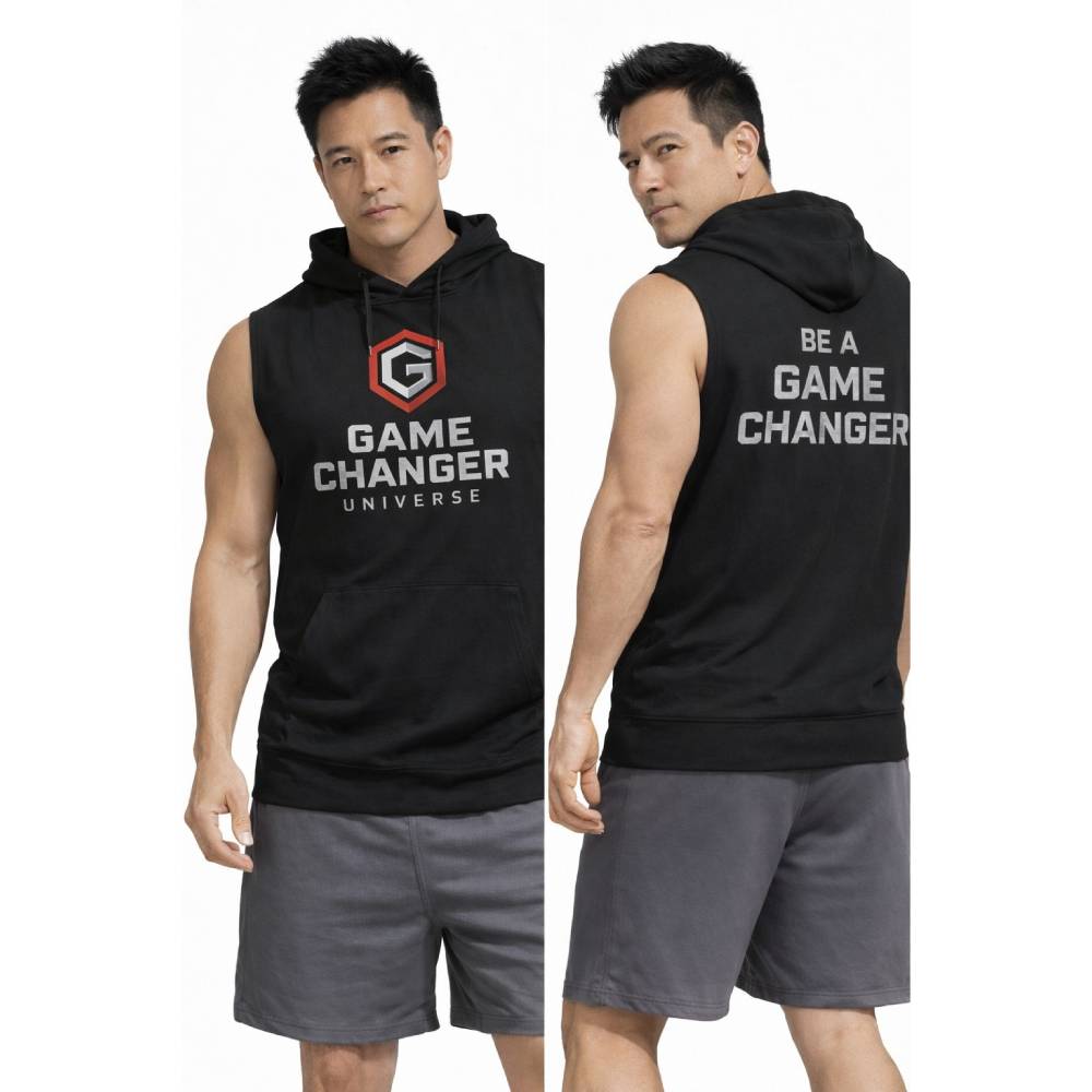 Black sleeveless hoodie with 'Game Changer Universe' text worn by a person on a white background